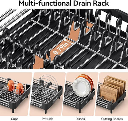 Urackify Stainless Steel Dish Drying Rack - Dish Drainer for Kitchen Counter, Extendable Drainboard with Foldable, Space-Saving Cup & Bowl Organizer, Includes Knife and Utensil Holder, Black