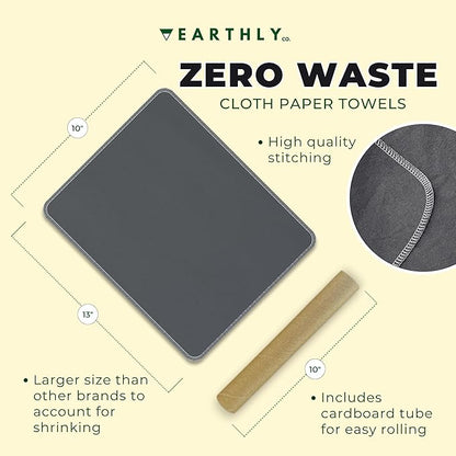 Reusable Paper Towels - 10 Pack - Roll of Washable Cotton Cloth Paper Towels - Paperless Reusable Napkins Cloth Washable - Absorbent + Long Lasting - Zero Waste Products - (Pebble Grey)