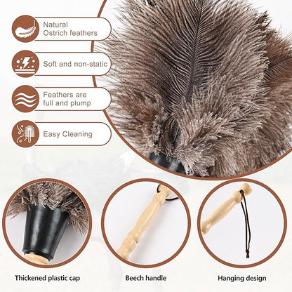Ostrich Feather Duster 14" Natural Handheld Reusable Feathers Dusters with Wooden Handle for Cleaning Supplies Home Car Office(3PCS)