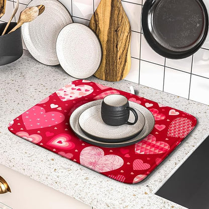 Valentine Day Love Heart Dish Drying Pad 16 x 18 Inch with Absorbent Reversible Microfiber Happy Valentines Pink Red Hearts Drying Mats For Kitchen Counter Dining Room Decoration
