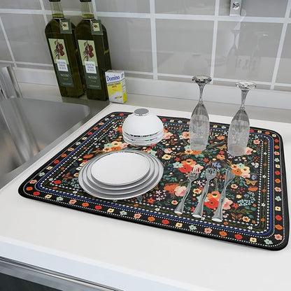 Floral Microfiber Dish Drying Mat Large Absorbent Dish Drainer Rack Pad for Kitchen Counter