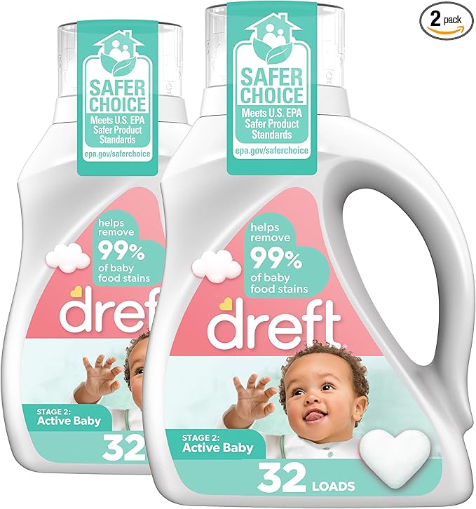 Dreft Active Baby Liquid Laundry Detergent, Helps Remove 99% of Baby Food Stains, Hypoallergenic, 2 pack, 32 loads each