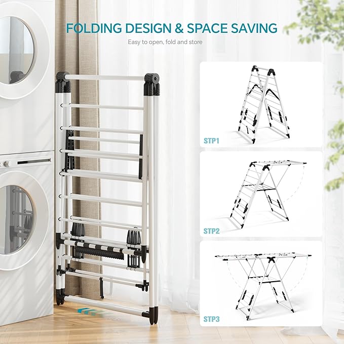 RUIE Clothes Drying Rack with 2 Tier Adjustable Design, 21 Rails Heavy Duty Laundry Drying Rack with Side Clips and Shoe Holders, Foldable Clothes Drying Rack for Indoor and Outdoor Use