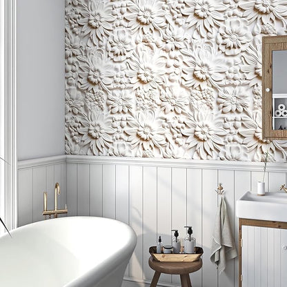 FunStick 17.5x590 Off White 3D Floral Peel and Stick Wallpaper Vintage Embossed Floral Contact Paper White Vinyl Renter Friendly Wall Paper for Bathroom Kitchen Accent Wall Cabinets Ceiling Waterproof