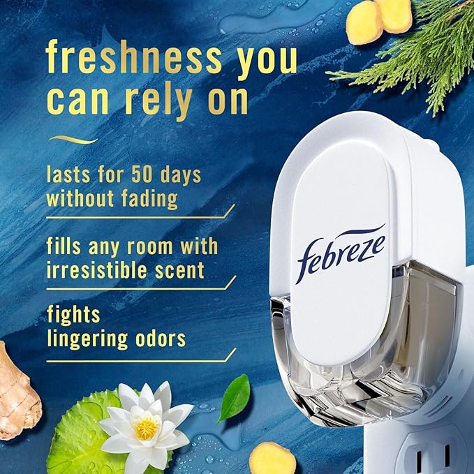Febreze Plug In Air Freshener, Odor-Fighting Scented Oil Refill, Air Fresheners for Home & Bathroom and Kitchen,Long Lasting for Strong Odors,Ocean & Mountain Scents,0.87oz Refills,4 Count (Pack of 2)