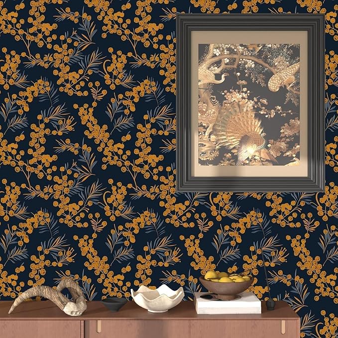 Laatse Boho Wallpaper Peel and Stick Leaf Wallpaper for Kitchen Vintage Contact Paper 17.5" x 118" Waterproof Vinyl Self Adhesive Dark Floral Wall Paper for Bedroom Walls Cabinet Locker Decor