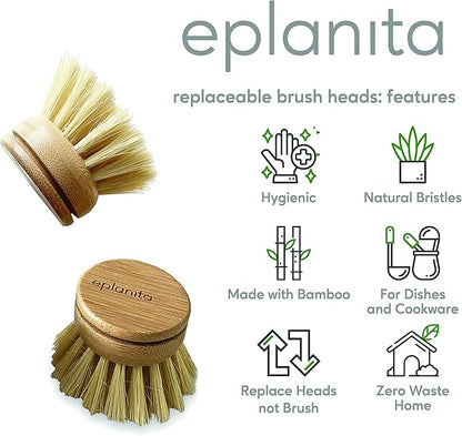eplanita Replacement Brush Heads (Pack of 4) for Bamboo Dish Brush, Sisal Bristle Refills, Agave Cactus Fibres, Kitchen Eco Scrubber, Plastic Free Washing Up, Zero Waste Cleaning