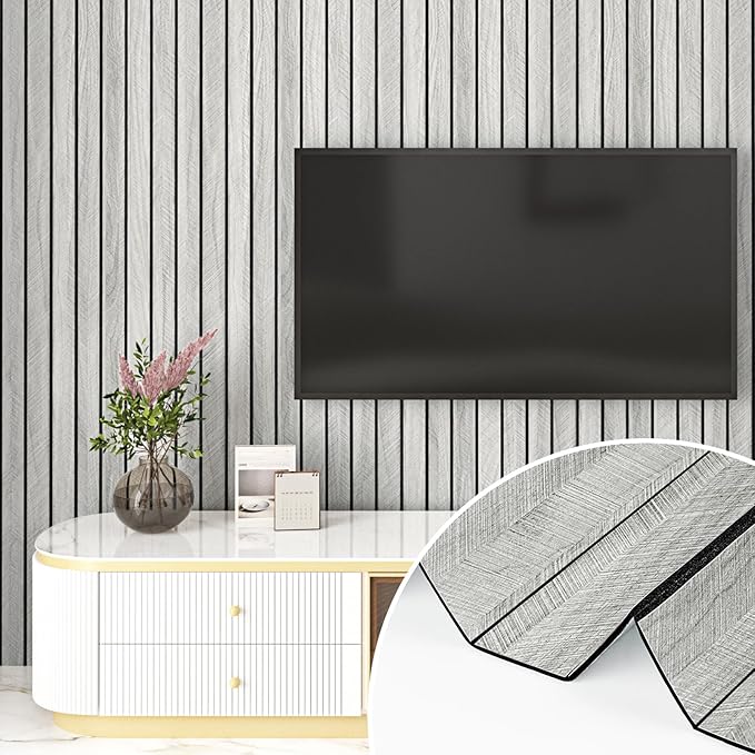 Wallercity Gray Peel and Stick Wood Slat Panels for Living Room Bedroom 11.7''x118'' Wooden Panels Wall Decor Self Adhesive Waterproof Wood Paneling Soundproof Slat Wallpaper for Backsplash Ceiling