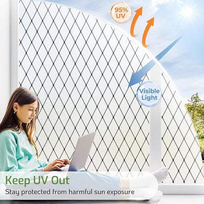 LUTE Frosted Window Privacy Film, Static Cling UV Sun Blocking Heat Control Window Cover, Removable Non-Adhesive Glass Sticker Vinyl Decorative Bathroom Frosting Decals, Black Lattice, 35.4" x 78.7"