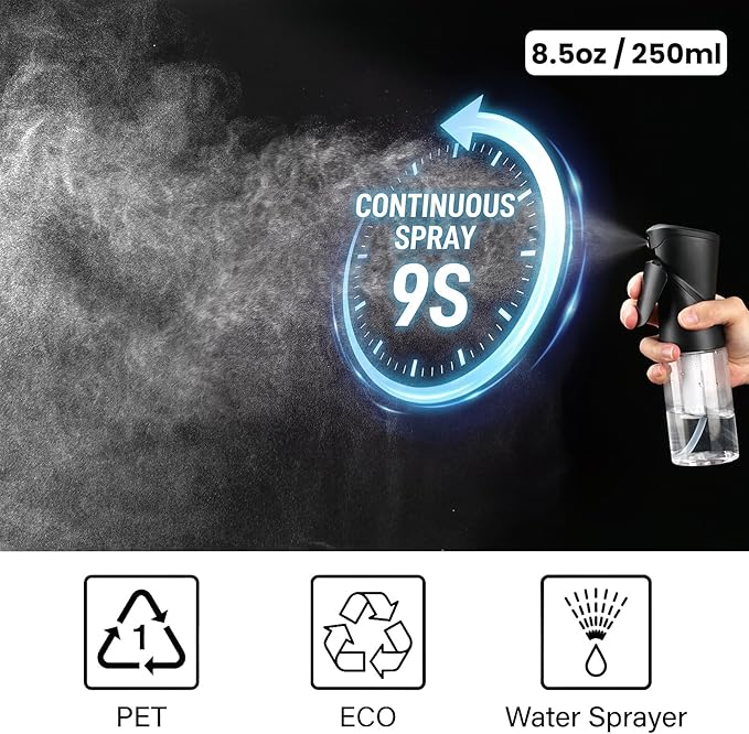Spray Bottles 250ml/8.5oz 2 Pack Continuous Spray Bottle for Hair Refillable Fine Mist Sprayer Water Spray Bottles for Cleaning Kitchen Hair Care Skin Toner(Black)