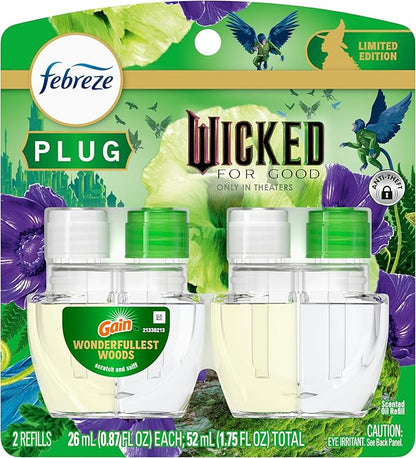 Febreze Plug In Air Freshener, "Wicked: For Good" Limited Edition Odor-Fighting Scented Oil Refill, Air Fresheners for Home and Bathroom and Kitchen, Long Lasting, Wonderfullest Woods, 2 Count