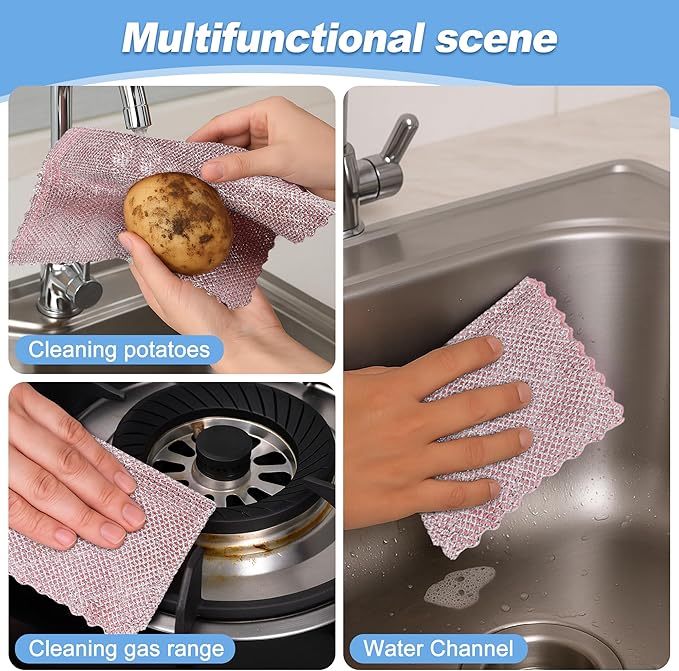 Aidoclip Non-Scratch Steel Wool Dishcloth - 5PC Set, Multi-Use Kitchen Scrubbers, Durable Cleaning Pads for Wet & Dry Use Grey (12pcs)