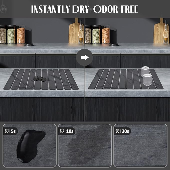 2 PCS Large Stone Dish Drying Mat for Kitchen Counter, 24"×16" Marble Dish Drying Mat with 8"x 4" Coasters, Non - Slip Collapsible Absorbent Mat for Multi - Purpose, Match Any Countertop【Dark Gary】