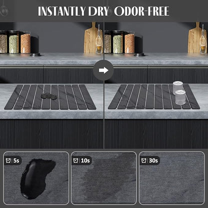 2 PCS Large Stone Dish Drying Mat for Kitchen Counter, 24"×16" Marble Dish Drying Mat with 8"x 4" Coasters, Non - Slip Collapsible Absorbent Mat for Multi - Purpose, Match Any Countertop【Dark Gary】