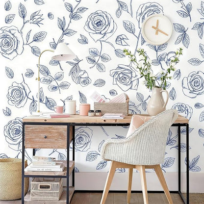 Timeet 17.7In ×78.7In Peel and Stick Wallpaper, Blue and White Floral Peel and Stick Wallpaper Boho Contact Paper Removable Self Adhesive Bedroom Cabinet Mural Wall Decor Vinyl Roll