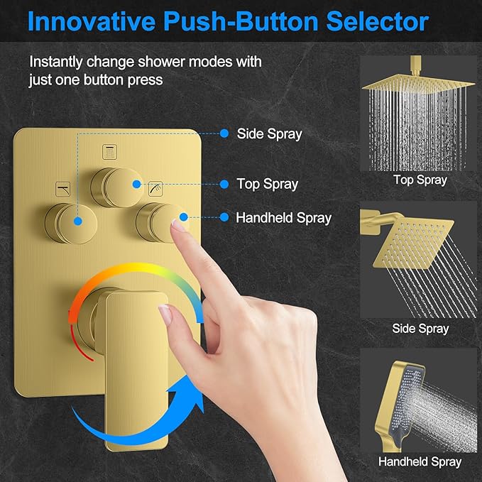 Shower Faucet Set,Brushed Gold Push Button Shower System with Rain Shower and Handheld,Gold Shower Faucet with Valve Ceiling Mount 12 Inch Shower Head and 6 Inch Shower Head with Handheld