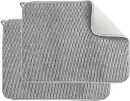 2 Pack Dish Drying Mats for Kitchen Counter, 20 x 15 Inch Microfiber Dish Drying Pads with Hanging Loop, Absorbent Dish Drainer Mat for Counertop, Washable, Super Absorbent, Grey