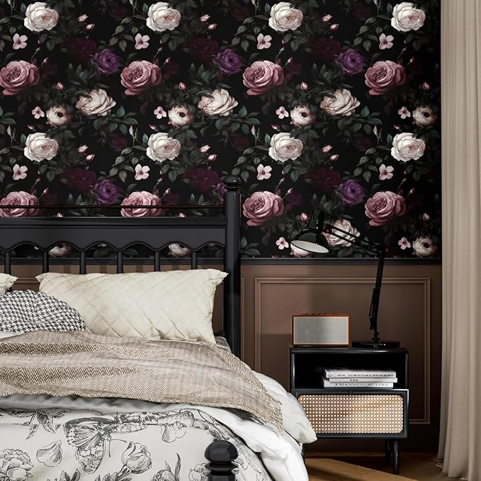 Fvlow Dark Floral Wallpaper Peel and Stick Vintage Pink Rose Contact Paper Black Floral Wallpaper Waterproof Self-Adhesive Wall Covering for Bedroom Countertop Desk Cabinet 17.4" x 118"