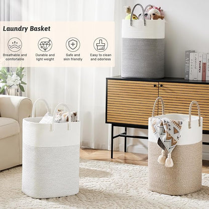 Laundry Basket,Woven Cotton Rope Laundry Hamper,Versatile Storage for Dirty Clothes,Baby Toys,and Blankets in Bathroom, Nursery,and Living Room (Brown, 80L)