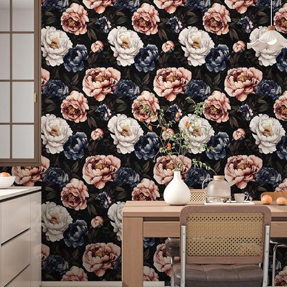 Fvlow Vintage Floral Wallpaper Peel and Stick Dark Black White Red Rose Flowers Wall Paper 17.4" x 394" Waterproof Self Adhesive Removable Contact Paper for Bedroom Cabinets Table Drawers Home Decor