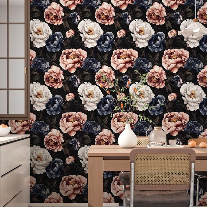 Fvlow Vintage Floral Wallpaper Peel and Stick Dark Black White Red Rose Flowers Wall Paper 17.4" x 118" Waterproof Self Adhesive Removable Contact Paper for Bedroom Cabinets Table Drawers Home Decor