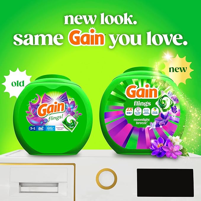 Gain Flings Liquid Washing Detergent Pods with Odor Defense + Color Guard, Moonlight Breeze Scent, 4-in-1 Liquid Laundry Detergent Pacs, Clean & Fresh, 42 Count (Packaging May Vary)