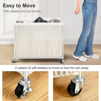 WOWLIVE Laundry Hamper with Wheels, 160L Handwoven Rolling Laundry Basket 3 Section with Lid, Clothes Hamper with 3 Removable Liner Bags, Large Laundry Sorter Laundry Room Organization, Creamy White