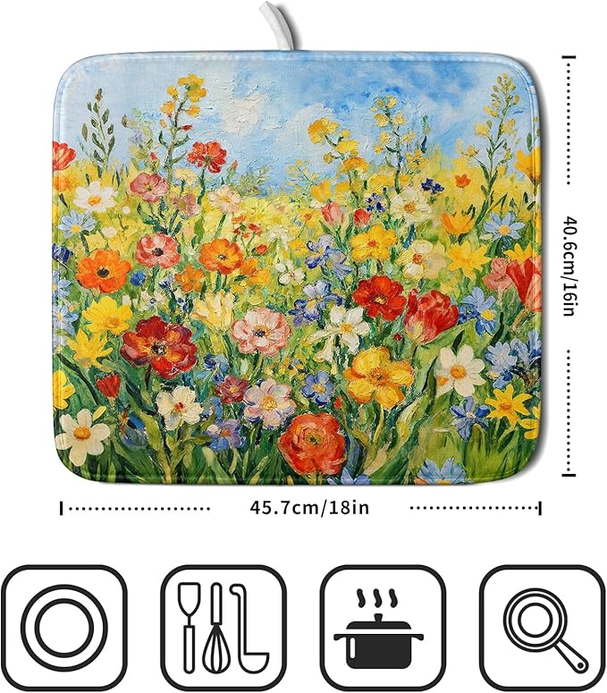 Spring Summer Floral Dish Drying Mat for Kitchen Counter 16x18 Green Yellow Blue Flower Wildflower Print Absorbent Reversible Microfiber Drying Mats Kitchen Countertop Protector Dishes Drainer Pad