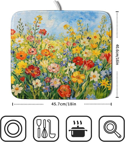 Spring Summer Floral Dish Drying Mat for Kitchen Counter 16x18 Green Yellow Blue Flower Wildflower Print Absorbent Reversible Microfiber Drying Mats Kitchen Countertop Protector Dishes Drainer Pad