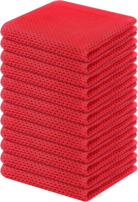 Kitinjoy 100% Cotton Kitchen Dish Cloths (12 X 12 Inches, Red), 12 Pack Waffle Weave Ultra Soft Absorbent Dish Towels for Drying Dishes Quick Drying Kitchen Towels Dish Rags