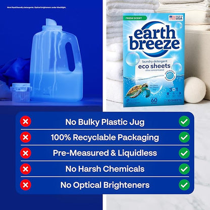 Earth Breeze Laundry Detergent Sheets Fresh Scent - 60 Loads Eco Liquidless Soap - Travel-Friendly for Hot & Cold Cycles, Tackles Tough Stains & Odors - Gentle on Skin, 30 Ct