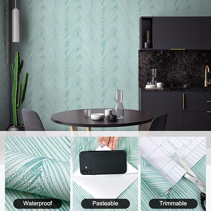 Modern Peel and Stick Wallpaper Boho Green Contact Paper 17.3"x 120" Self-Adhesive Waterproof Neutral Wallpaper Vinyl Roll for Bathroom Bedroom Cabinets Décor