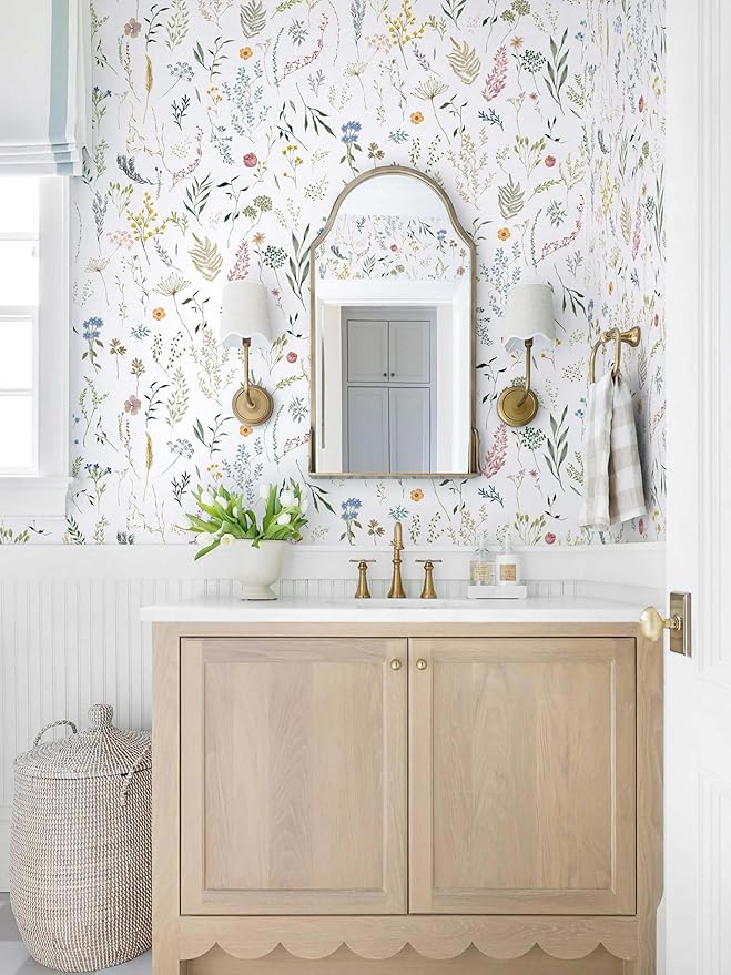 Dimoon 236"x16.1" Floral Peel and Stick Wallpaper White Contact Paper Thicken Wallpaper Delicate Flower Waterproof Green Leaf White Self Adhesive Removable Wall Paper Shelf Liner Vinyl Roll