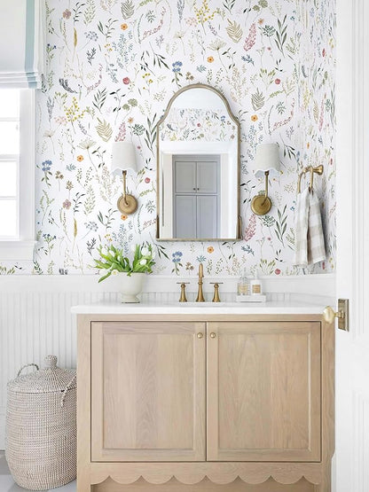 Dimoon 787"x16.1" Floral Peel and Stick Wallpaper White Contact Paper Thicken Wallpaper Delicate Flower Waterproof Green Leaf White Self Adhesive Removable Wall Paper Shelf Liner Decal Vinyl Roll