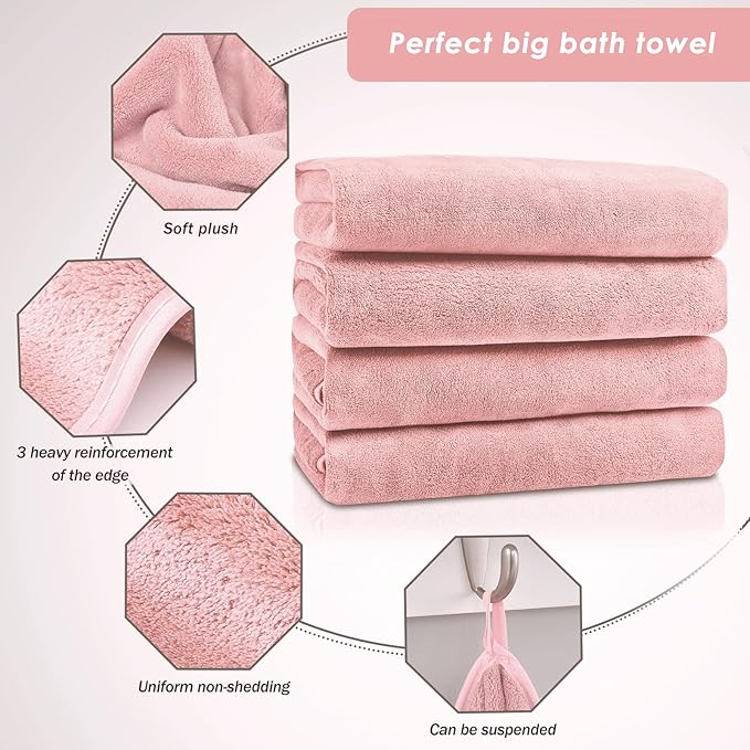 GraceAier Microfiber Bath Towels 4 Pack, 28x56 Inch Coral Velvet Quick Dry Towel Set, Highly Absorbent, Ultra Soft & Lint-Free for Bathroom, Gym, Travel and Swim