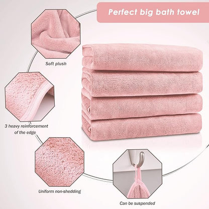 GraceAier Microfiber Bath Towels 4 Pack, 28x56 Inch Coral Velvet Quick Dry Towel Set, Highly Absorbent, Ultra Soft & Lint-Free for Bathroom, Gym, Travel and Swim
