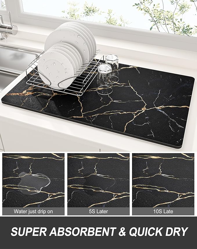 Rnivvi Dish Drying Mat for Kitchen Counter, XL 15 x 24" Cute Marble Absorbent Draining Pad, Non-Slip Heat Resistant Coffee Bar Mats for Coffee Machine Station Accessories, Black Gold Dish Rack Pad