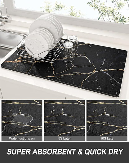 Rnivvi Dish Drying Mat for Kitchen Counter, XL 15 x 24" Cute Marble Absorbent Draining Pad, Non-Slip Heat Resistant Coffee Bar Mats for Coffee Machine Station Accessories, Black Gold Dish Rack Pad
