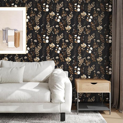 Fvlow Vintage Black Floral Self Adhesive Shelf Liner Wallpaper 17.4" x 78", Retro Brown Gold Leaf Design Wall Paper Contact Paper Waterproof Wall Covering for Countertop Desk Cabinets Drawer Liner