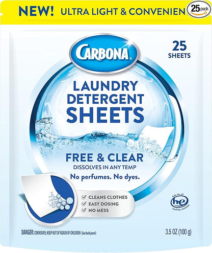Carbona Laundry Detergent Sheets | Eco-Friendly Washing Detergent | Up to 50 Loads (25 Sheets) | Stain Remover | No Perfume or Dyes | Free & Clear