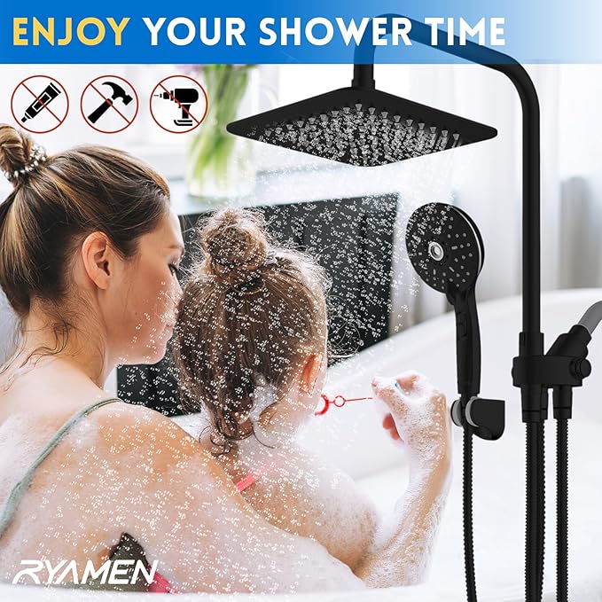 Ryamen Dual Shower Head Combo, 8'' High Pressure Rain Shower Head with Handheld Spray, 6 Settings Handheld Showerhead, 15" Height Adjustable Slide Bar, Angle Adjustable, Matte Black