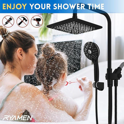 Ryamen Dual Shower Head Combo, 8'' High Pressure Rain Shower Head with Handheld Spray, 6 Settings Handheld Showerhead, 15" Height Adjustable Slide Bar, Angle Adjustable, Matte Black