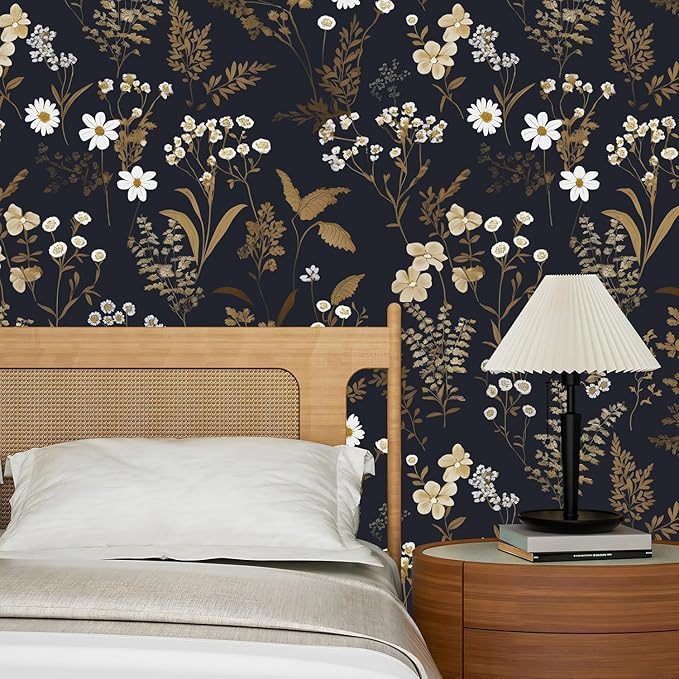 Laatse Dark Floral Wallpaper Peel and Stick 17.5in x 197in Vintage Navy Gold Leaf Wallpaper Vinyl Waterproof Self-Adhesive Dark Blue Botanical Wall Paper Mural for Bookcase Bedroom Cabinet Decor