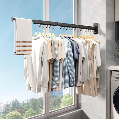 Wall Mounted Clothes Drying Rack, Collapsible Laundry Drying Rack, Retractable Foldable Drying Rack Clothing for Hanging Clothes,Black-Hooks