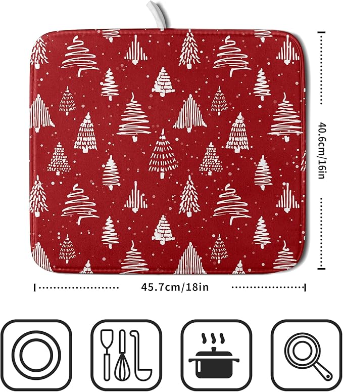 Christmas Dish Drying Mat 16 x 18 Inch With Absorbent Reversible Microfiber Red Xmas Tree Snowflake Drying Mats Winter Holiday Dish Drainer Mat Fast Dry For Kitchen Dining Room Decoration