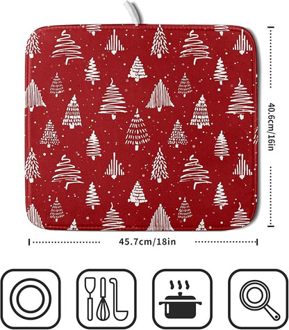 Christmas Dish Drying Mat 16 x 18 Inch With Absorbent Reversible Microfiber Red Xmas Tree Snowflake Drying Mats Winter Holiday Dish Drainer Mat Fast Dry For Kitchen Dining Room Decoration
