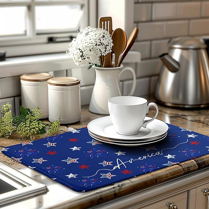 4th of July Dish Drying Mat America Stars Fireworks Blue Drying Mat 18x24 Inch Patriotic Memorial Independence Day Microfiber Absorbent Dish Drainer Rack Mats for Kitchen Counter