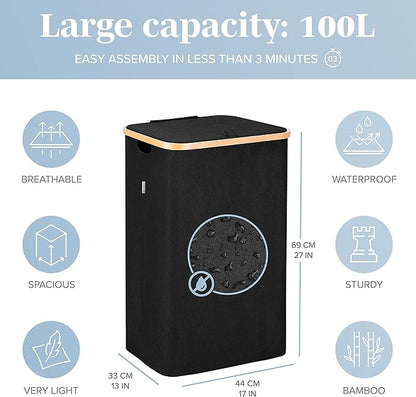 LONBET Laundry Basket with Lid, Made from Breathable Fabric | Aesthetic Clothes Hampers for Laundry with Side Handles & Sturdy Bamboo Frame (26 Gallons - Single, Black)