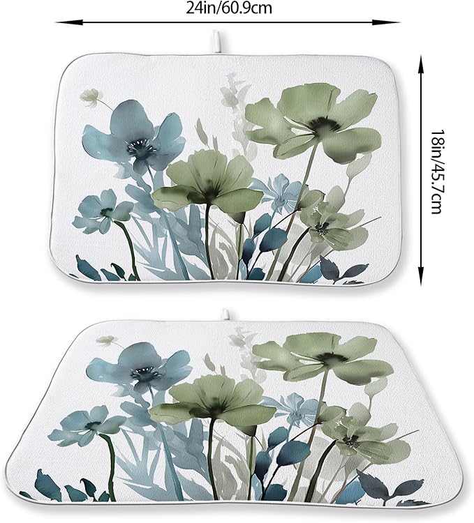 Blue Sage Green Dish Drying Mats 18x24 Inch Mats Vintage Floral Spring Drying Mats Summer Watercolor Flower Decor Seasonal Absorbent Drying Dish Mats for Kitchen Dining Room Counter Decorations
