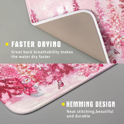 Pink Winter Dish Drying Mat Forest Washable Drying Matt Kitchen Counter Absorbent Coffee Mat for Women